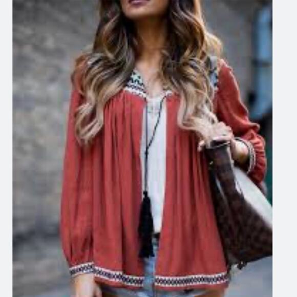 H&M Boho Peasant Blouse Orange Embroidered Tunic Top 10 M Ethnic Festival Flowy - Picture 1 of 11